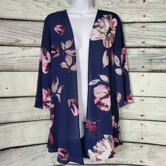 Maurices Women’s Kimono Cardigan Medium Navy Pink Floral Lightweight Layer - Picture 1 of 8